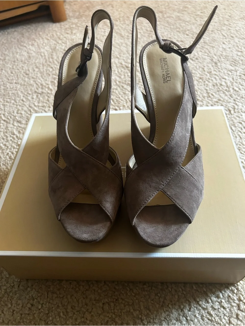 Michael Kors Taupe Suede Crisscross Slingback Wedge Sandals